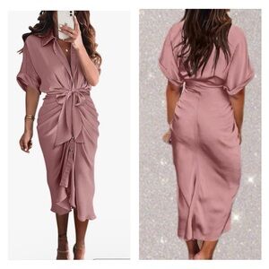 Pink Short Sleeve Belted Ruched Midi Shirt Dress